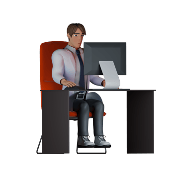 Male Medical Artist 3D Model. A male doctor sits in front of him there is a work desk and a computer as if he is focused on working. Doctor Cartoon png