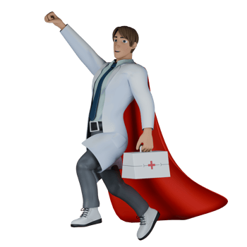 Professional 3D Doctor. A male doctor wearing a red robe poses like a superhero who wants to fly with a first aid bag in his left hand. Male Medical Expert png