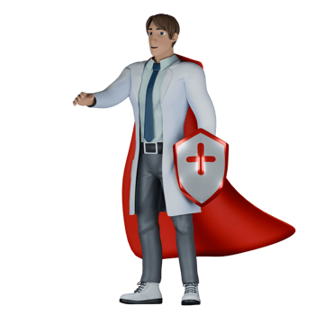 Male Doctor Professionalism in 3D. A male doctor wearing a red robe poses like a superhero and carries a shield with a medical symbol on it. Healthcare Cartoon png
