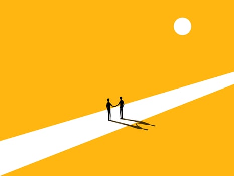 Agree halfway. Two businessmen shake hands in the middle of the road vector