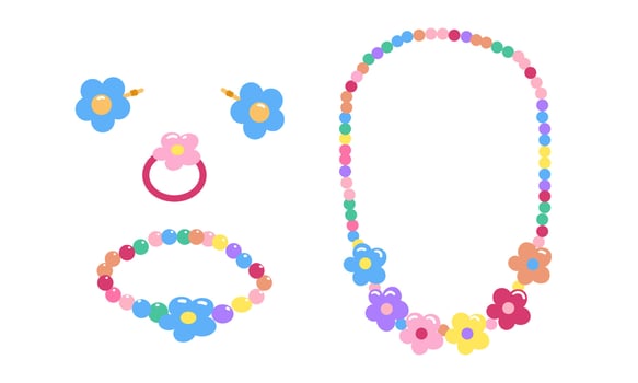 Flower Kids jewelry set. Cartoon drawing of jewelry for children isolated on white background. Fashion, jewelry concept. illustration vector