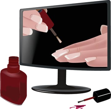 Woman painting her nails watching online tutorial on computer vector