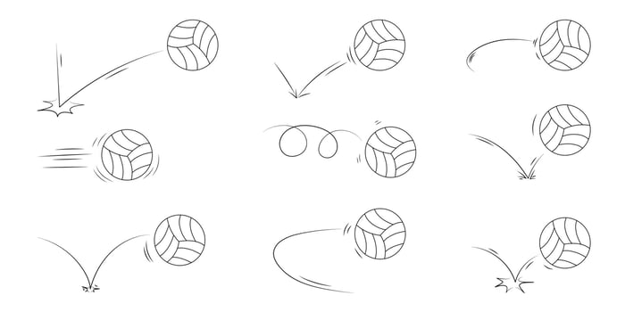Doodle sport volleyball ball trajectory bounce collection. Line hand drawn balls set vector