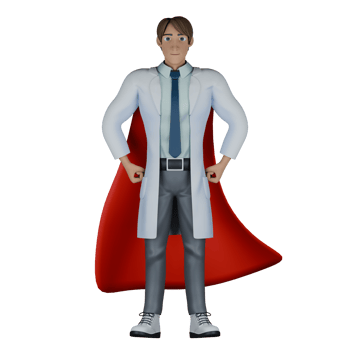3D Male Doctor Character in Action. A male doctor is standing wearing a red robe with both hands on his waist. Professional png