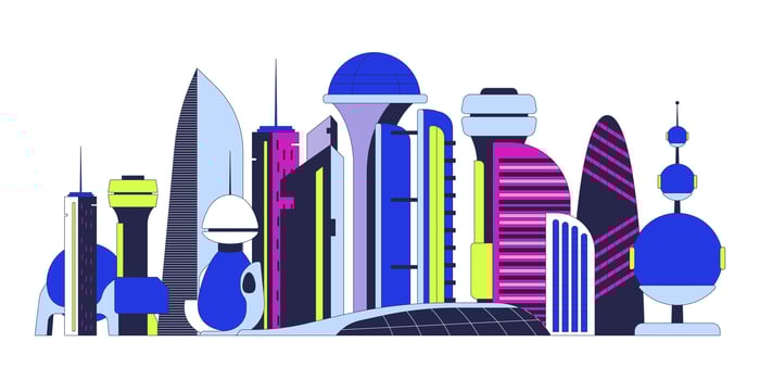 Futuristic architecture futurism city cartoon flat illustration. Scifi buildings town 2D cityscape isolated on white background. Future skyscrapers. Science fiction downtown scene color image vector