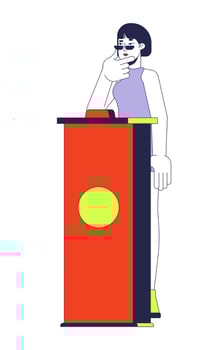 Trivia show contestant korean woman contemplating 2D cartoon character. Asian female standing behind buzzer podium isolated person flat on white background. Spot illustration colorful vector