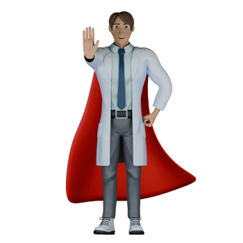 Professional Male Healthcare Character. A male doctor is standing wearing a red robe with his left hand on his waist while his right hand is extended forward making a stop symbol. 3D Doctor png