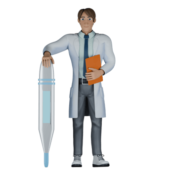 Cartoon Professional Doctor. A male doctor stands with his left hand carrying a clipboard while his right hand is on a large digital thermometer on the right png