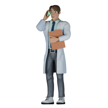 A male doctor stands with his left hand holding a clipboard while his right hand is holding a cellphone, as if he is talking to someone. 3D Male Doctor png