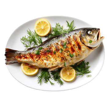 Grilled fish on a plate isolated on transparent background png