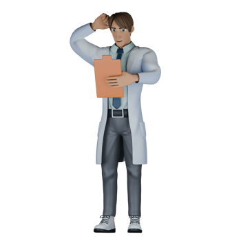Illustrative 3D Male Doctor. A male doctor stands with his right hand scratching his head while his left hand is carrying a clipboard, he seems confused looking at the clipboard. Professional png