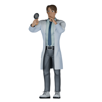 Male Doctor in 3D Professional Healthcare. A male doctor stands with his left hand on his chin while the right hand holds a magnifying glass. Cartoon png