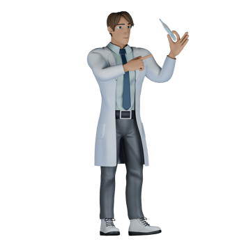 Male Professional Doctor - 3D Character. A male doctor stands with his left hand carrying a digital thermometer while his right hand points at the thermometer using his index finger. Healthcare png