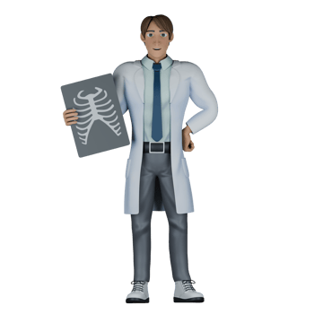 Healthcare Doctor Professional in 3D. A male doctor stands with his right hand holding an X-ray result while his left hand is on his waist. Male png