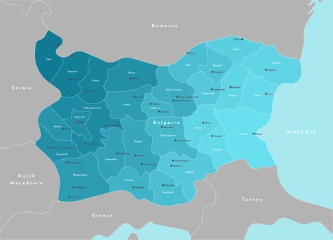 modern illustration. Simplified administrative map of Bulgaria. Border with nearest states Sebia, Greece and etc. Blue background of Black sea. Names of cities and provinces vector