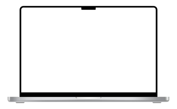 Modern laptop mockup template with blank display and black frame. Notebook device with notch and silver touchpad. Product advertisement and showcase object illustration vector