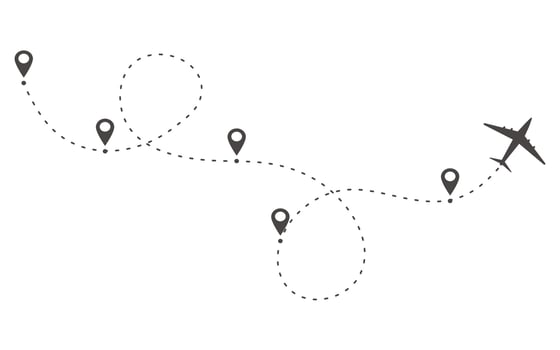 Plane timeine trail dashed line with pin. Infographic destination work process template. Airplane icons, roadmap infographic and travel path routes with location vector