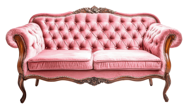 Elegant pink tufted sofa with wooden details isolated on transparent background png