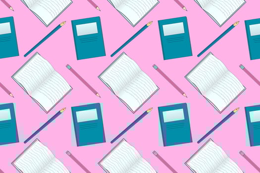 Colorful seamless pattern featuring notebooks, pencils, and pens, perfect for back-to-school themes and educational projects. vector