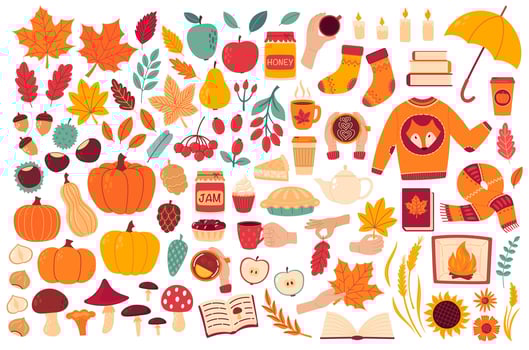 Autumn cozy design elements. Set of fall leaves, foliage, berries, apples, pumpkins, mushrooms, knitted socks, sweater, scarf, books, home bakery, coffee and tea cup. Flat illustration isolated vector