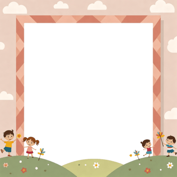 A frame with children playing in a field with flowers png
