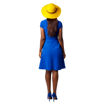 woman in a blue dress and hat. A woman in a yellow hat stands png