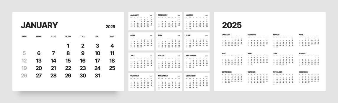 Monthly calendar template for 2025 year. Wall calendar in a minimalist style. Week Starts on Sunday. vector