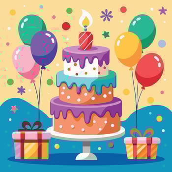Birthday cake with candles and presents on a table vector