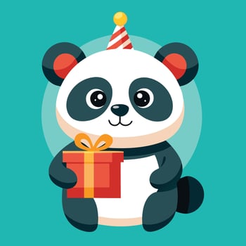 Panda bear with birthday hat holding gift box vector
