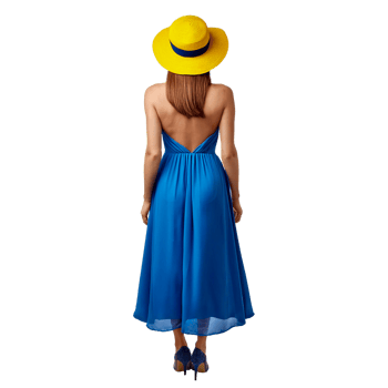 woman in a blue dress and yellow hat png