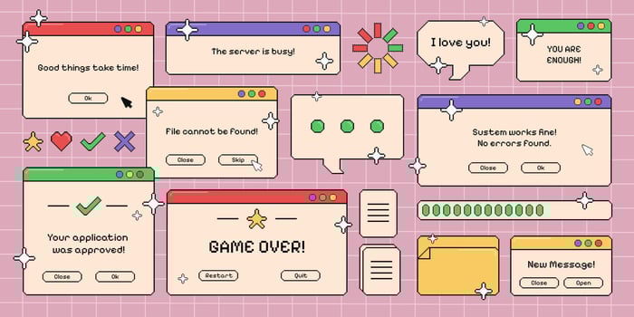 Retro pixel computer screens, set of vintage opened pc windows, user interface with short phrases and items on the grid pattern. illustration. vector