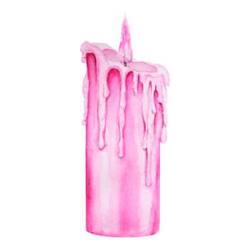 Pink burning candle with flame and wax drips. Element of decor for Halloween, Sabbath, Christmas event. Vintage attribute of mysticism, magic, astrology. Watercolor hand drawn cut out isolated clipart png