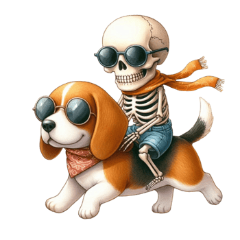 A skeleton riding a dog with sunglasses png