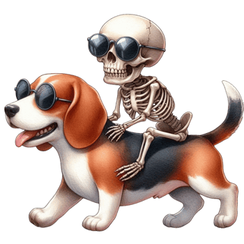 A dog with a skeleton riding on its back png