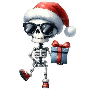 Skeleton with sunglasses and santa hat holding a gift png