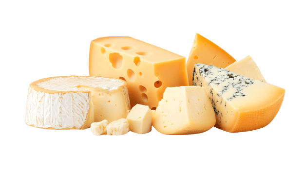 Assorted cheeses including blue, swiss, brie, and gouda varieties png