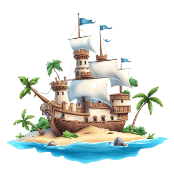 a pirate ship docked on a tropical island with palm trees png