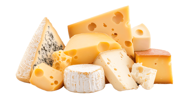 An assortment of various cheese types ranging from soft to hard textures png