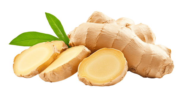 Fresh ginger root with sliced pieces and green leaves png