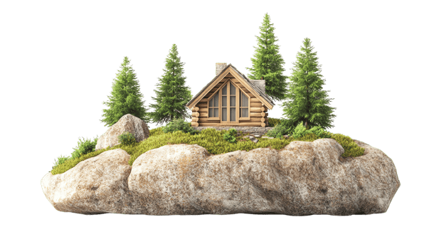 Scenic miniature log cabin nestled in rocky terrain png