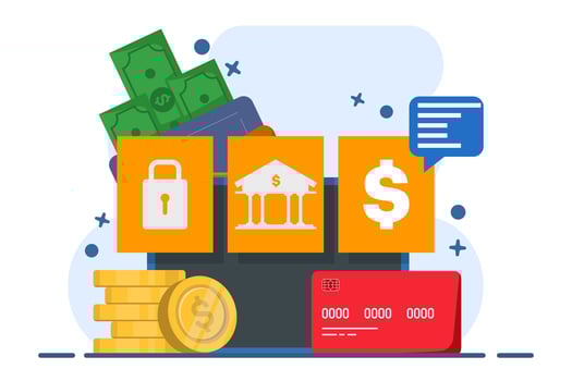 Concept of paying bills with credit card for online shopping. Payment processing, financial transactions, transfers, bank cards, e-wallets for purchasing processes, monetary currencies. vector