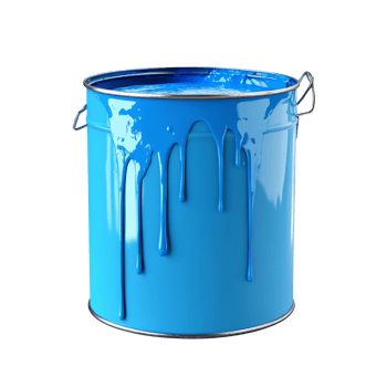 Bright blue paint can with dripping paint indoors isolated transparent png