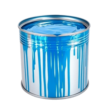 Vibrant blue paint dripping from a metal can isolated transparent png