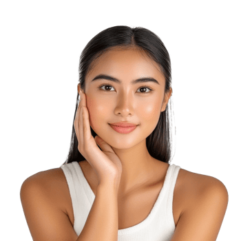 Smiling young woman touching her face indoors isolated transparent png