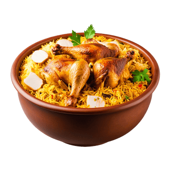A brown bowl filled with Biryani and chicken png