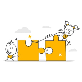 Businessman and woman helping puzzle connect together. vector