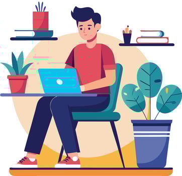 A young man works at a laptop from home in a bag chair. Working from home during the pandemic. Work in quarantine. Happy guy at the laptop. flat illustration vector
