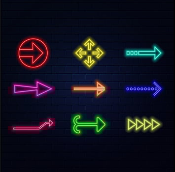 Bright blue color neon light arrow pointing left. left arrow neon glow icon black background. vector
