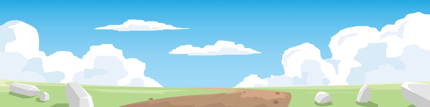Curvy dirt road on the meadow. Gravel road leading to the destination ahead. Rolling hills and green fields. Scattered rocks on the ground. or Illustration transport and nature background. vector