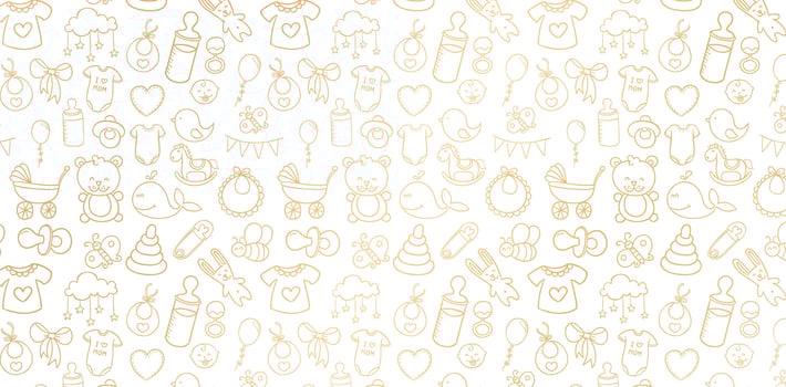 seamless pattern with cute hand drawn doodle elements golden colors isolated white backgrounds for baby shower invitation, baby girl and baby boys fabric printing, patterned fills, webs pages childish vector